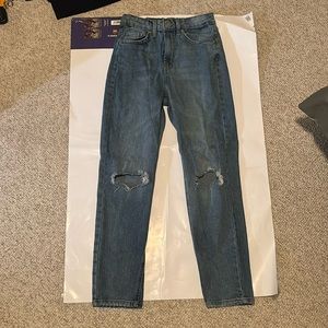blue ripped high rise mom jeans